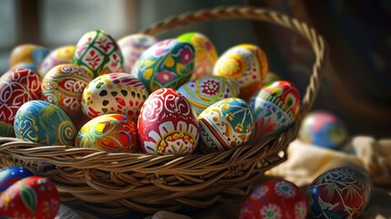 A wicker basket filled with colorful Easter eggs sits on a table. - Powered by Adobe
