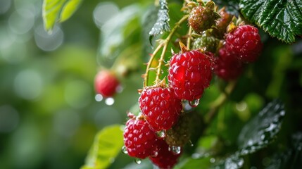 Raspberries, ripe and red, cling to a garden bush, enhanced by water droplets, showcasing the sweet and abundant harvest of this thriving plant.