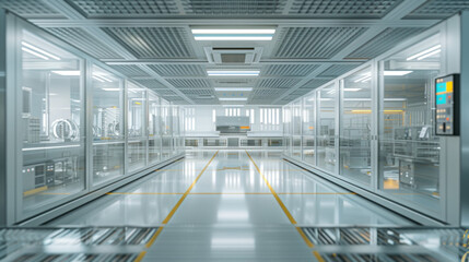 Obraz premium An advanced semiconductor fabrication plant with cleanrooms, wafer processing equipment, and automated material handling systems, momentarily idle but ready to produce computer chips