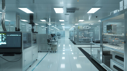 An advanced semiconductor fabrication plant with cleanrooms, wafer processing equipment, and automated material handling systems, momentarily idle but ready to produce computer chips