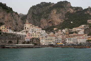 Panoramic view of beautiful Amalfi on hills leading down to coast, Campania, Italy. Amalfi coast is most popular travel and holiday destination in Europe - 02