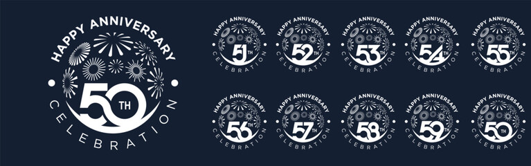 set of 50 to 59th anniversary logotype design, with white color fireworks for celebration event, wedding, and birthday, vector illustration