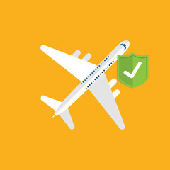Travel insurance concept. Airplane with travel insurance policy shield.	