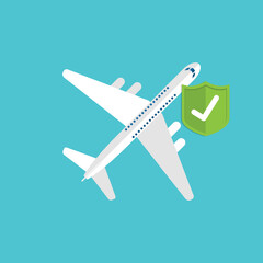 Travel insurance concept. Airplane with travel insurance policy shield.	