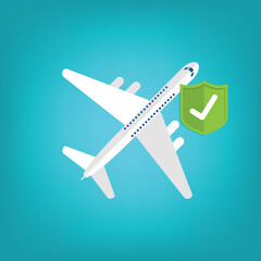 Travel insurance concept. Airplane with travel insurance policy shield.	