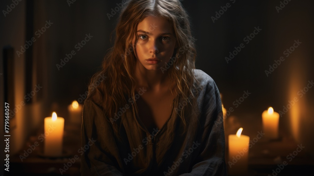 Poster a woman with unkempt hair sits in a dark room with lit candles around her.