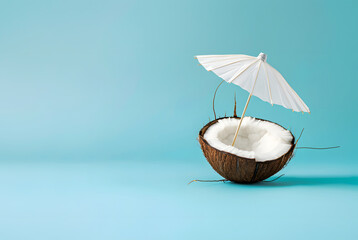 A coconut with cocktail umbrella, exotic summer holiday concept