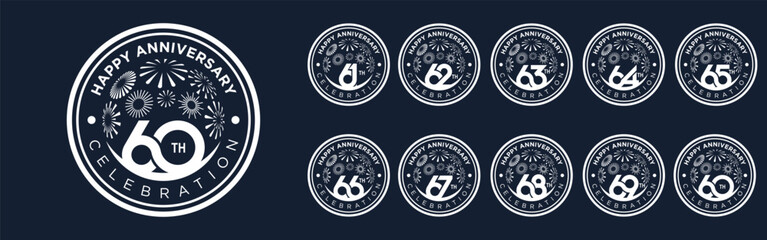 set of 60 to 69th anniversary logotype design, with white color fireworks for celebration event, wedding, and birthday, vector illustration