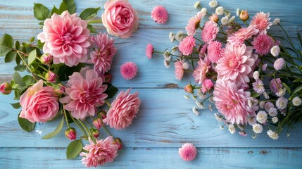 pink flowers on blue background, top view with copy space