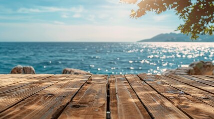 Fototapeta premium Sea shore beach summer vacation with wooden table shelf background concept