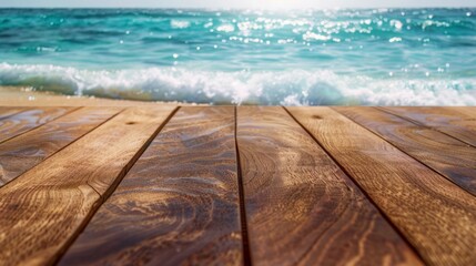 Sea shore beach summer vacation with wooden table shelf background concept
