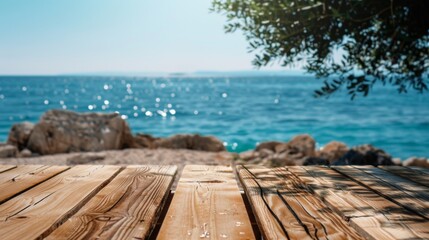 Sea shore beach summer vacation with wooden table shelf background concept