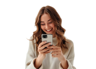 Smiling Woman Holding Phone on Transparent