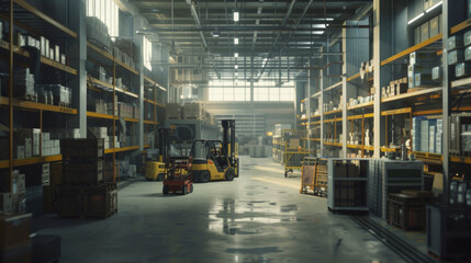 A busy logistics warehouse with shelves, forklifts, and automated inventory management systems, currently empty but ready for efficient storage and distribution operations