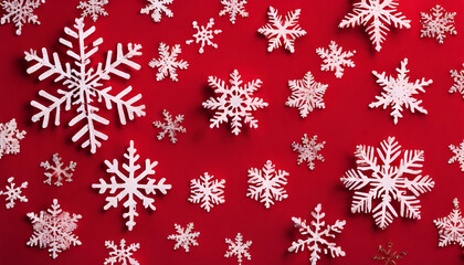 Obraz na płótnie Canvas Christmas border, snowflakes on red background, flat lay. Christmas card template for design, copy space, banner, invitation. generative ai