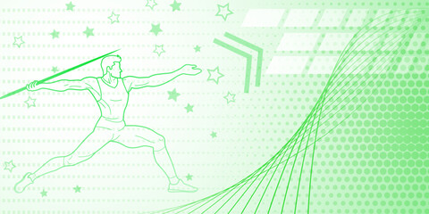 Javelin thrower themed background in green tones with abstract lines and dots, with sport symbols such as a male athlete
