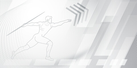 Javelin thrower themed background in gray tones with abstract lines and dots, with sport symbols such as a male athlete