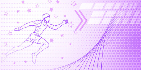 Runner or long jumper themed background in purple tones with abstract lines, stars and dots, with sport symbols such as a male athlete and a running track