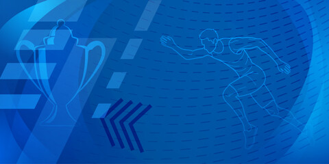 Runner themed background in blue tones with abstract dotted lines, with sport symbols such as a male athlete and a cup