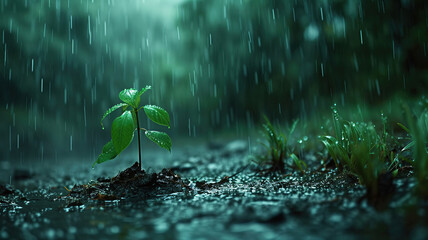In the spring, a green plant sprouts from the ground in the rain - obrazy, fototapety, plakaty