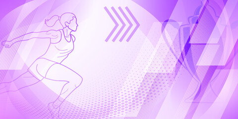 Runner themed background in purple tones with abstract curves and dots, with sport symbols such as a female athlete and a cup