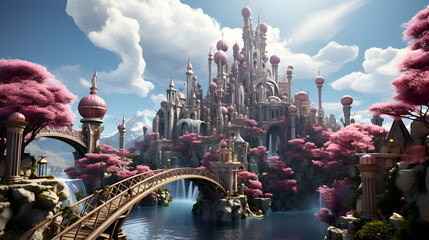 Fantasy Landscape with fantasy castles and bridge. 3d rendering
