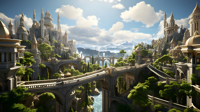 Fantasy landscape with fairytale castle and bridge. 3D rendering