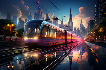 Modern tram in the city at night. Transportation concept. 3D rendering - obrazy, fototapety, plakaty