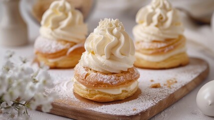 Obraz na płótnie Canvas Profiteroles, choux with a custard cream, creme anglaise, whipped cream, dessert on a white plate