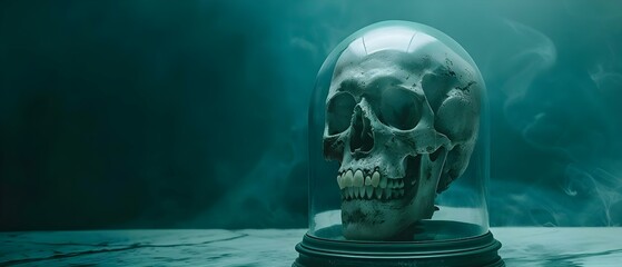 Mysterious Skull Under Cloche: A Silent Symphony of the Finite. Concept Still Life Photography, Macabre Aesthetics, Dark Elegance, Tabletop Decor, Gothic Art