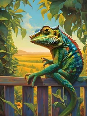 Foto op Canvas painted chameleon on the fence © Ocharonata