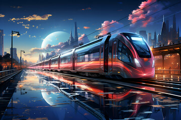 Modern highspeed train on the background of the night city. - obrazy, fototapety, plakaty