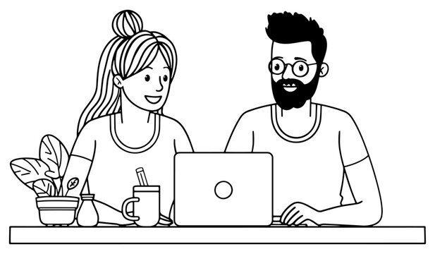 Pareja joven trabajando con sus port&aacute;tiles