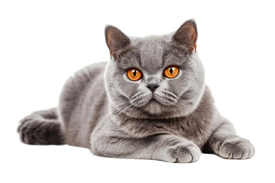 Serene Gray Cat With Fiery Gaze Resting. On Transparent Background.