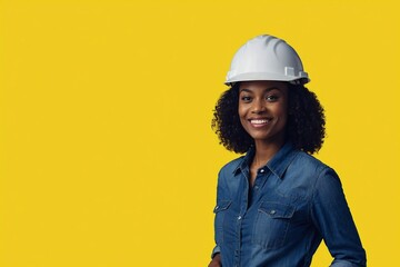 African American female individual with smile on face near empty space on yellow background, young handsome female engineer wearing shirt and jeans, wearing a construction helmet.
