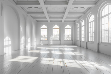 A minimalist white studio space with large windows and white wooden floor