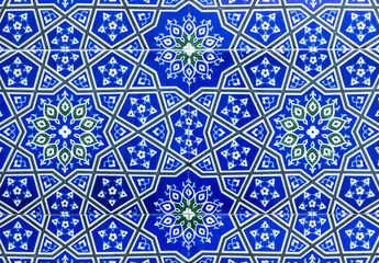 Ancient wall decoration, blue tiles  with Arabic geometric pattern - obrazy, fototapety, plakaty