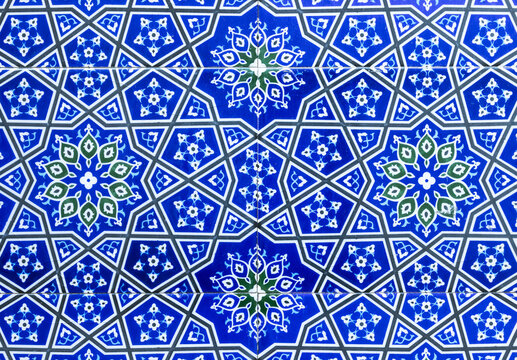 Ancient wall decoration, blue tiles  with Arabic geometric pattern
