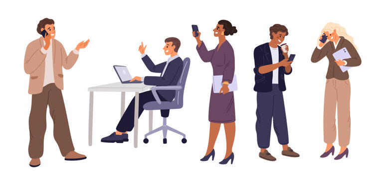 Business people use gadgets. Office staff characters with phones or digital tablets. Businessman in formal suits. Employees work at laptops. Mobile communication. Garish vector set