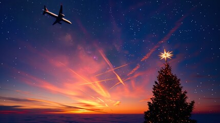 Christmas tree and jet plane in the sky.