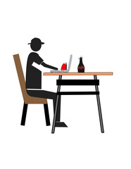 A man is sitting at a table with a laptop and a bottle of wine