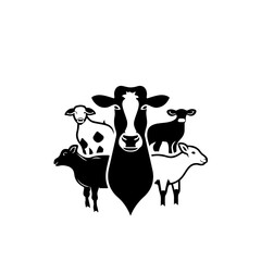 Cows and lambs grouped together - obrazy, fototapety, plakaty