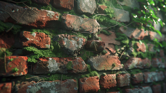A close-up of a cracked, weathered brick wall with moss growing between the cracks