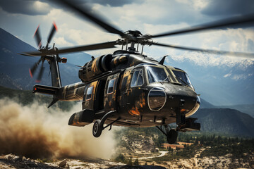 Combat helicopter in the sky. Air force recruitment. Air Force. Subjects related to war World War 3.