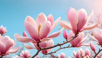 Pink Magnolia Flowers Against Blue Sky