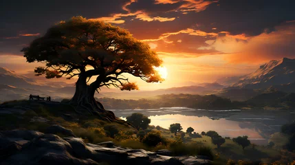 Deurstickers Fantasy landscape with tree and lake at sunset. 3d render © Wazir Design