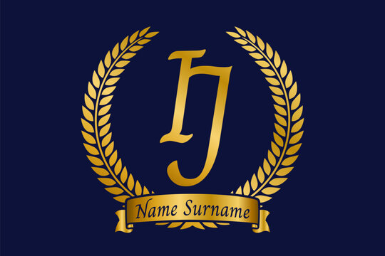 Initial letter I and J, IJ monogram logo design with laurel wreath. Luxury golden calligraphy font.