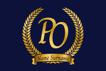 Initial letter P and O, PO monogram logo design with laurel wreath. Luxury golden calligraphy font.