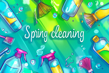 Set of cleaning products on colorful background. Text 