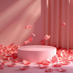 empty podium on a background of rose petals. 3D.